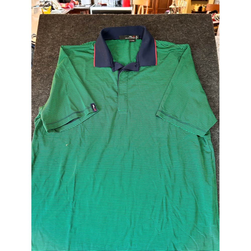 RLX Ralph Lauren Mens Green Navy Striped Golf Polo Shirt Large Performance